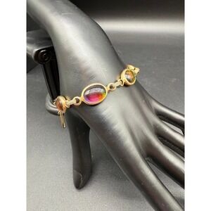 Vintage Sarah Coventry Rainbow Art Glass Cabochon Gold‎ Tone Bracelet